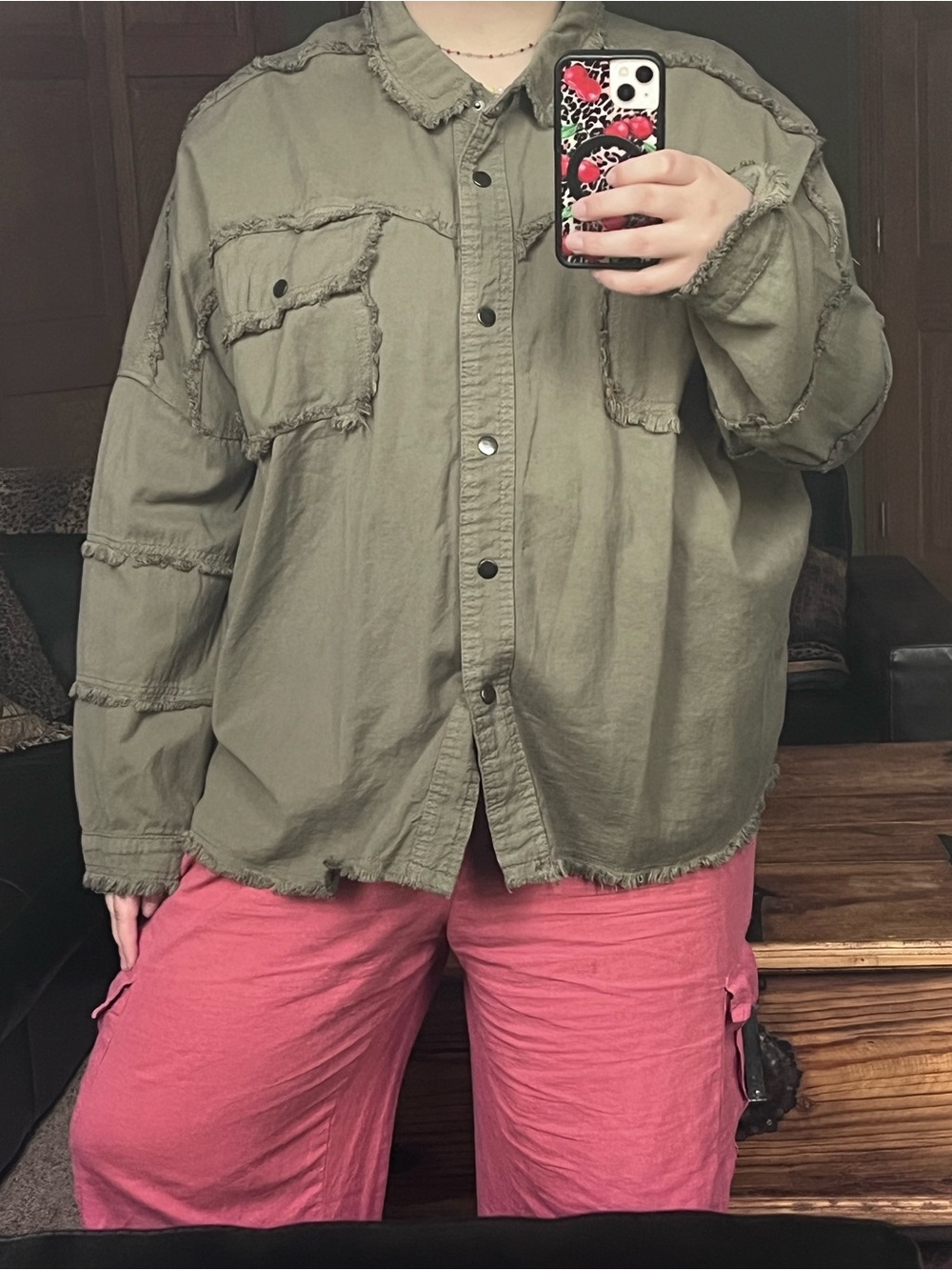 Olive‎ Green Distressed Button-up Shacket